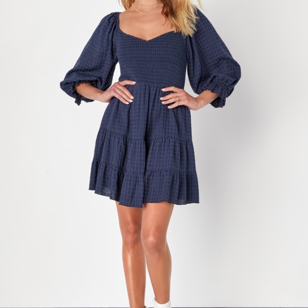 Lulus Charming Afternoon Navy Blue Gingham Balloon Sleeve Mini Dress - Size S
